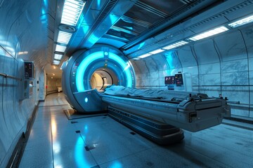 Obraz premium A state-of-the-art MRI machine in a modern medical room with glowing blue lights, showcasing advanced diagnostic technology. .