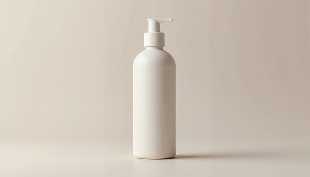White pump bottle on beige background for cosmetic mockup