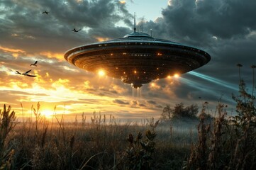 A massive, glowing UFO hovers over a misty field at sunset, surrounded by dramatic clouds and flying birds.  .