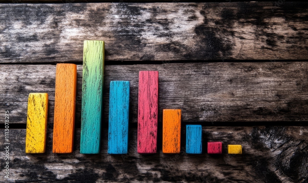 Poster Business performance is visualized on a wooden surface using colorful bar charts showing steady growth.