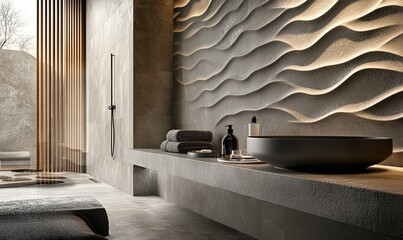 Intricate patterns emerge from gray sandstone tile adorning the wall