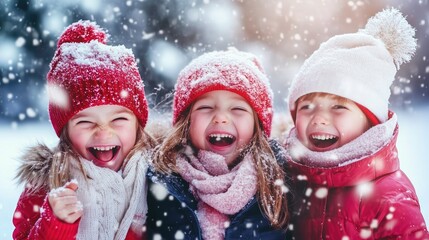Three joyful children laughing in the snow, wearing winter attire and surrounded by falling snowflakes.
