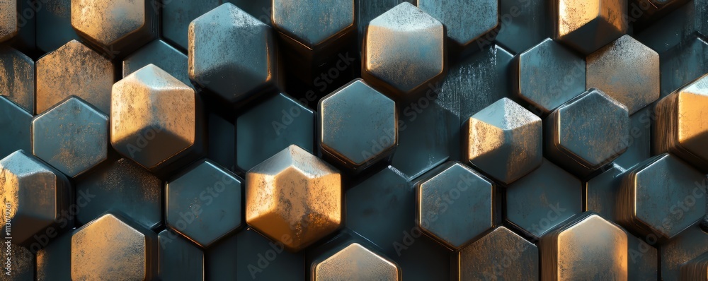 Poster metallic shapes are arranged in a geometric pattern.