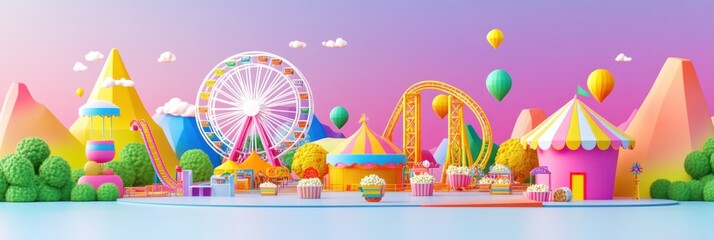 A vibrant amusement park scene with rides, balloons, and colorful tents under a pastel sky.