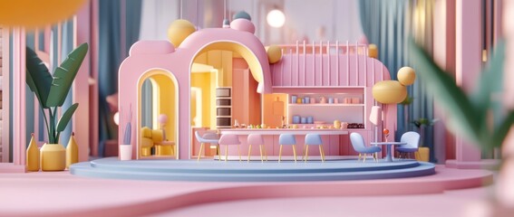 A vibrant, modern caf&eacute; interior featuring pastel colors and playful design elements.