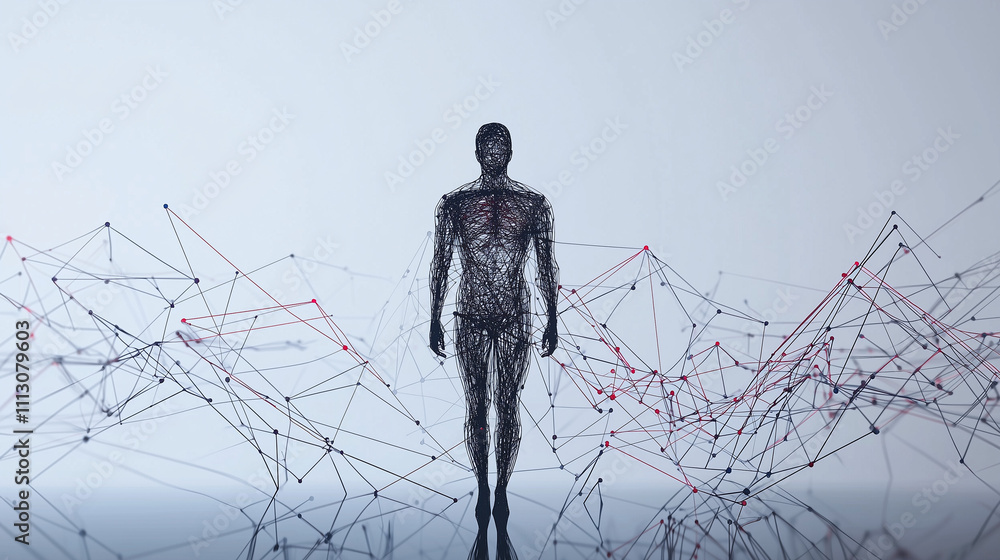 Poster a stylized human figure stands amidst a complex network of interconnected lines and nodes, suggestin