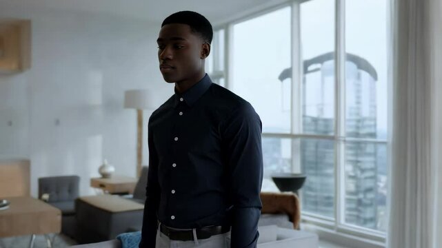 A young Black man wearing a fitted shirt and slacks contemplates while gazing at the impressive skyline outside