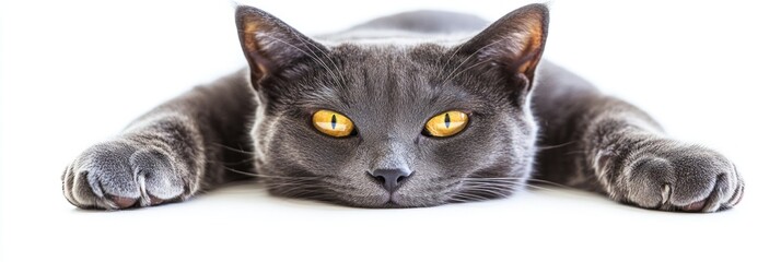 A gray cat lying flat with striking yellow eyes on a white background.