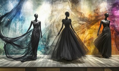 Elegant fashion display featuring mannequins in flowing, modern dresses.