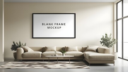 "Modern Living Room with Minimalist Accent Wall – Blank Frame Mockup and Scandinavian-Inspired Interior Design"