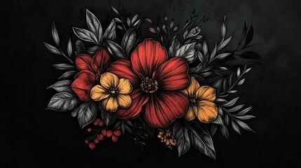 Hand drawn illustration of a flower bouquet on a black background.