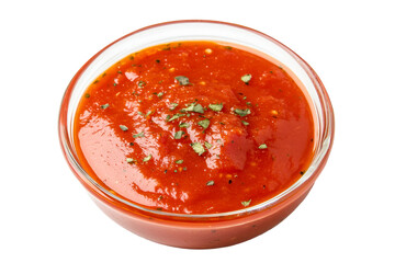 Fresh tomato sauce served in a small bowl isolated on a white background, transparent background.