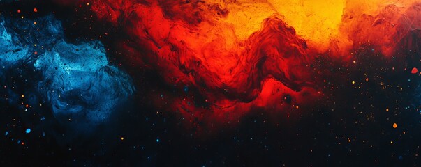 Grainy background, red blue black yellow abstract glowing color wave, dark backdrop noise texture banner poster header design