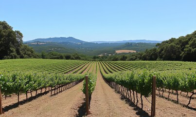 Fototapeta premium Rolling vineyard hills under a clear sky, with rows of grapevines stretching into the distance.