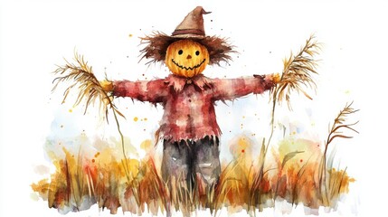 Fototapeta premium Scarecrow in farm land. Fall season decoration.