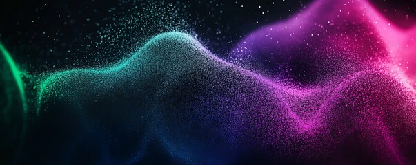 Obraz premium Grainy abstract background, noisy color gradient purple green blue pink vibrant glowing shape on black backdrop, dark banner poster header cover wallpaper design