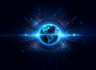 Obraz premium A glowing blue digital globe is encircled by radiating light streaks, suggesting global connectivity and technological advancement. The image evokes a sense of speed and futuristic innovation.