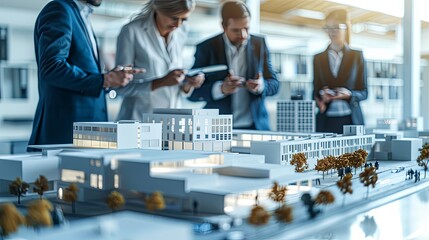 Architectural Model Review: Business Professionals Examining Urban Development Plan