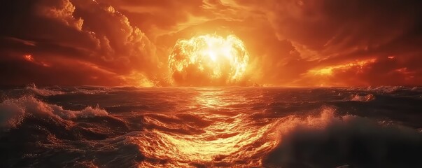 Fototapeta premium It is an incredible video of a nuclear explosion at sea at sunset, with surging waves, a fiery sky, and a concept of the end of the world as we know it