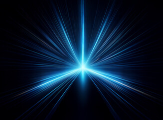 Fototapeta premium Abstract image of glowing blue light radiating outward from a central point, creating a starburst effect against a black background. The light streaks suggest speed and movement.