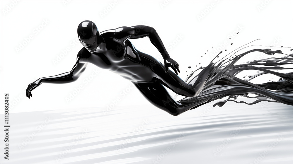 Poster a 3d rendering of a black, stylized human figure in motion, appearing as if running through or emerg