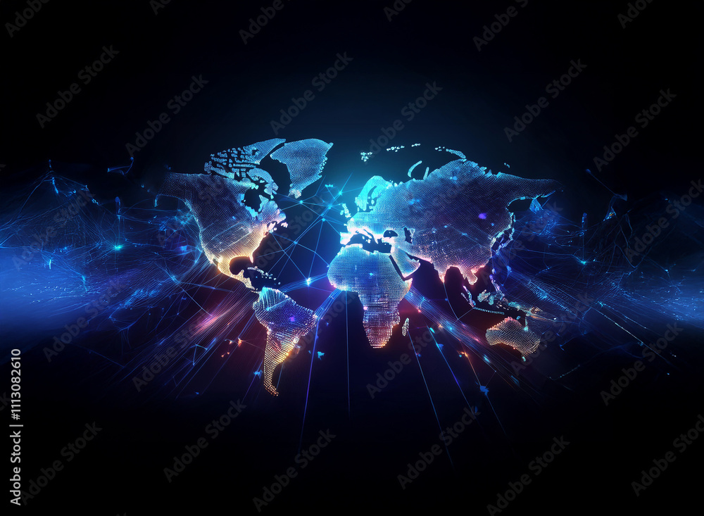 Poster a glowing, polygonal world map is depicted, interconnected by vibrant lines of light, symbolizing gl