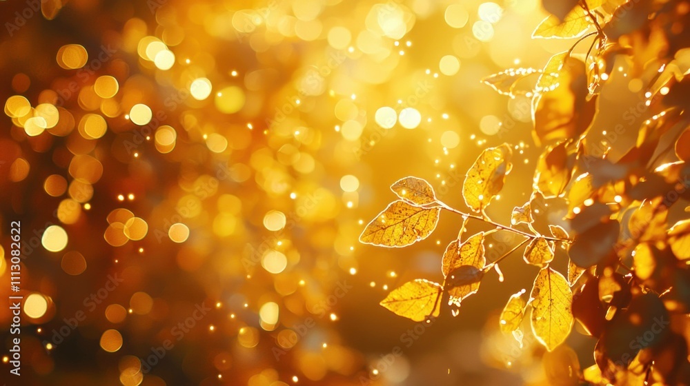 Poster golden autumn leaves glistening in sunlight, creating a warm and inviting atmosphere with soft bokeh