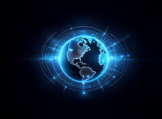 A glowing digital globe, encircled by vibrant blue rings and energy bursts, symbolizes global connectivity and technological advancement.
