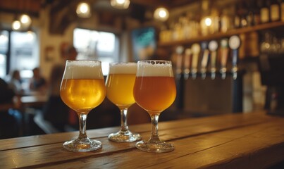Glasses of beer on a wooden bar counter in a cozy pub. Concept of socializing, relaxation, and pub culture.