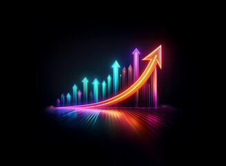 Neon arrows ascend in a vibrant upward trend, illustrating growth and progress against a dark background. The image reflects success and positive trajectory.