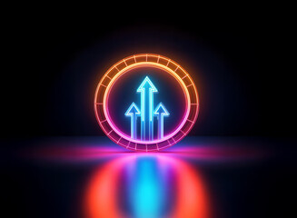 Neon arrows ascend within a glowing circular frame, reflecting on a dark surface.  The vibrant colors suggest growth and progress.