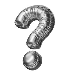 Question mark symbol in the shape of a balloon, isolated on a transparent background. An inflatable balloon of chrome color with a glossy texture.