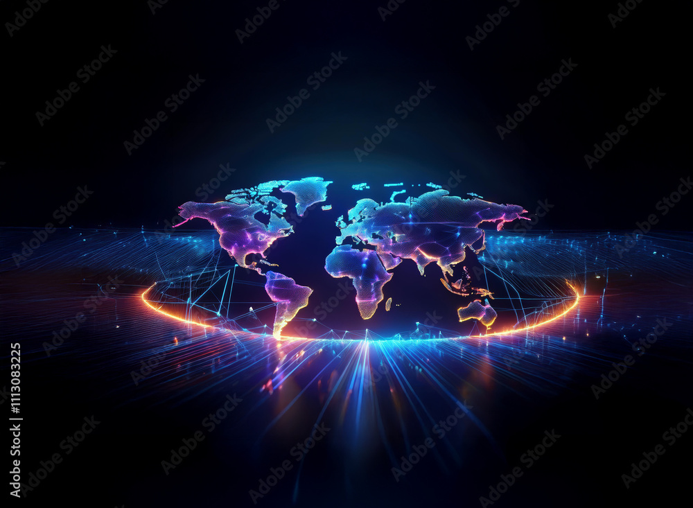 Poster a vibrant, digital rendering of the world map, glowing with interconnected nodes and lines of light,