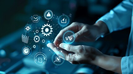 "Hand Engaging with Quality Assurance Icons Representing Standards, Audits, and Metrics for Optimizing Business Processes and Enhancing Customer Satisfaction in a Digital Environment"

