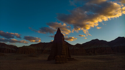 MARCH 2024, CAPITOL REEF NATIONAL PARK, UTAH - Temple of the Sun, Upper Cathedral Overlook of Capitol Reef National Park with red rock and shadows