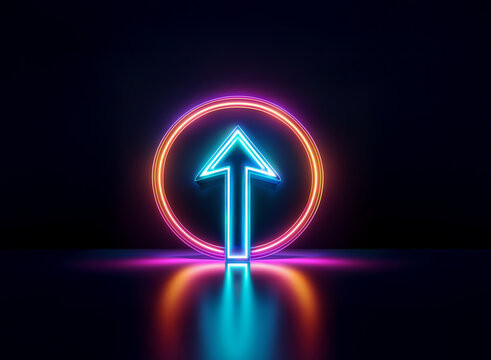 Vibrant neon arrow pointing upward, encircled by a glowing ring, reflects on a dark surface.  A symbol of progress and ascension.