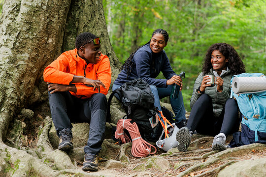 Three hikers taking break and chatting under tree in forest