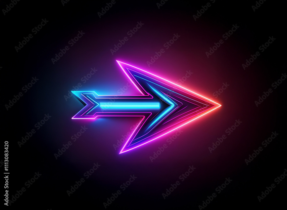 Poster a vibrant neon arrow points right, glowing with pink and blue light against a dark background. the a
