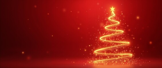 A glowing abstract Christmas tree design lights up the festive red background, symbolizing holiday spirit, joy, and celebration. Perfect for seasonal greetings and festive decorations.

