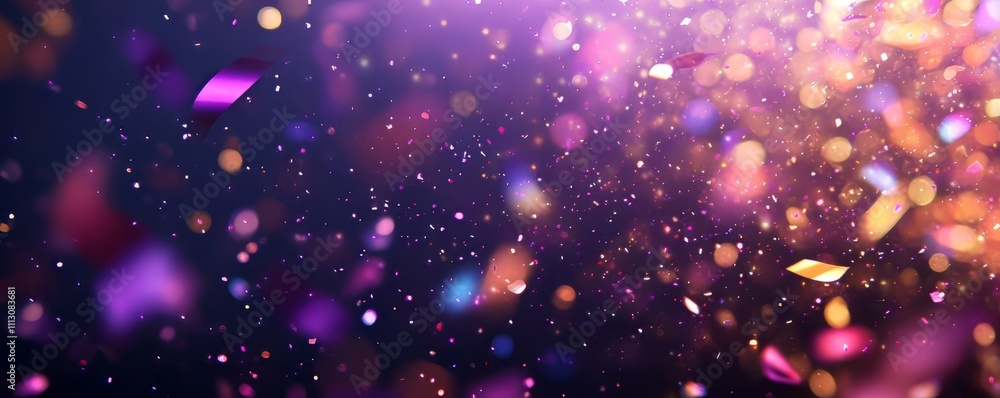 Poster on a dark purple backdrop, colorful confetti is thrown everywhere. sparkles fly. the background is e