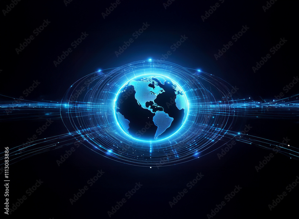 Poster a glowing blue digital globe is encircled by streams of data, symbolizing global connectivity and te