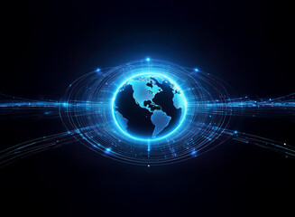 Obraz premium A glowing blue digital globe is encircled by streams of data, symbolizing global connectivity and technological advancement. The dark background emphasizes the digital nature of the image.
