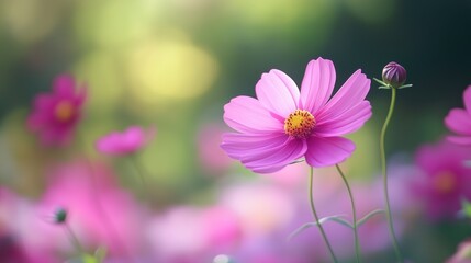 A close-up of vibrant pink flowers in a soft-focus garden setting.