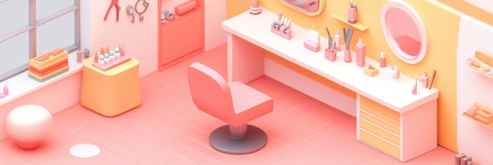 A pastel-colored beauty salon interior with a chair, mirror, and various beauty products.