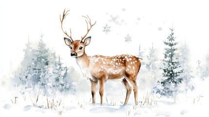Deer in snow field. Winter theme background template for greeting card design.