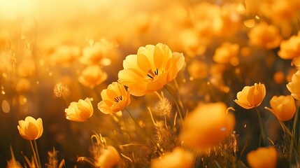 Golden Tulips Blooming in Sunset Light