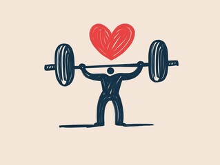 A stylized illustration of a weightlifter hoisting a barbell, with a heart symbol above, representing strength and love for fitness.