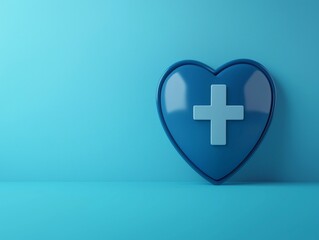 Obraz premium A blue heart with a medical cross symbol against a turquoise background, conveying health and wellness.