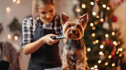 A groomer trims a small dog in a festive setting with holiday decorations.