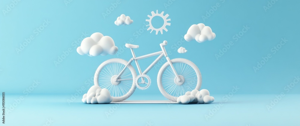 Poster a minimalistic 3d rendering of a bicycle surrounded by clouds and a sun against a blue background.